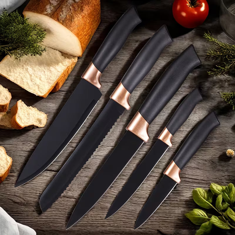 19-Piece Kitchen Knife &amp; Utensil Set – Black Non-Stick Knives with Wooden Handles, Silicone Cooking Tools, Cutting Board &amp; Holder