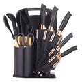 19-Piece Kitchen Knife &amp; Utensil Set – Black Non-Stick Knives with Wooden Handles, Silicone Cooking Tools, Cutting Board &amp; Holder