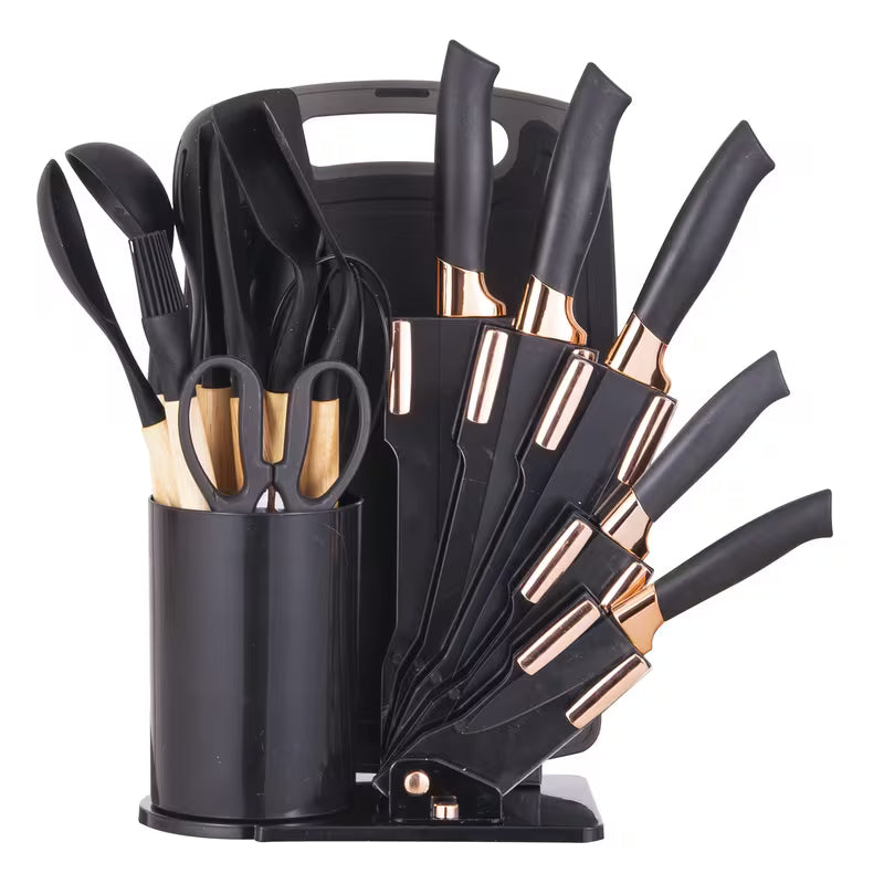 19-Piece Kitchen Knife &amp; Utensil Set – Black Non-Stick Knives with Wooden Handles, Silicone Cooking Tools, Cutting Board &amp; Holder