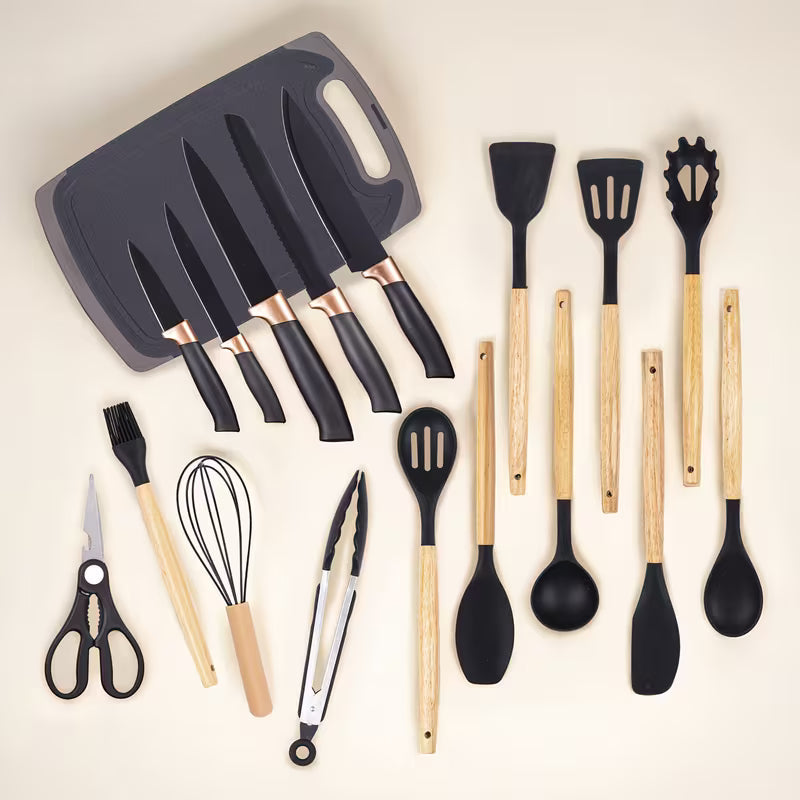 19-Piece Kitchen Knife &amp; Utensil Set – Black Non-Stick Knives with Wooden Handles, Silicone Cooking Tools, Cutting Board &amp; Holder