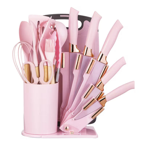 19-Piece Kitchen Knife &amp; Utensil Set – Black Non-Stick Knives with Wooden Handles, Silicone Cooking Tools, Cutting Board &amp; Holder