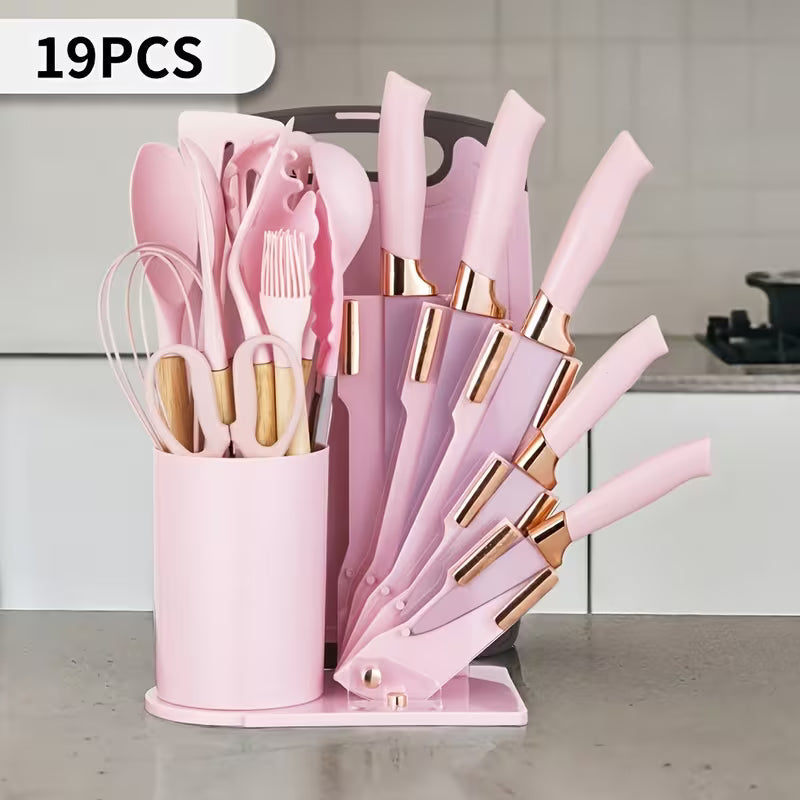 19-Piece Kitchen Knife &amp; Utensil Set – Black Non-Stick Knives with Wooden Handles, Silicone Cooking Tools, Cutting Board &amp; Holder