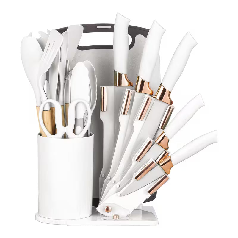 19-Piece Kitchen Knife &amp; Utensil Set – Black Non-Stick Knives with Wooden Handles, Silicone Cooking Tools, Cutting Board &amp; Holder