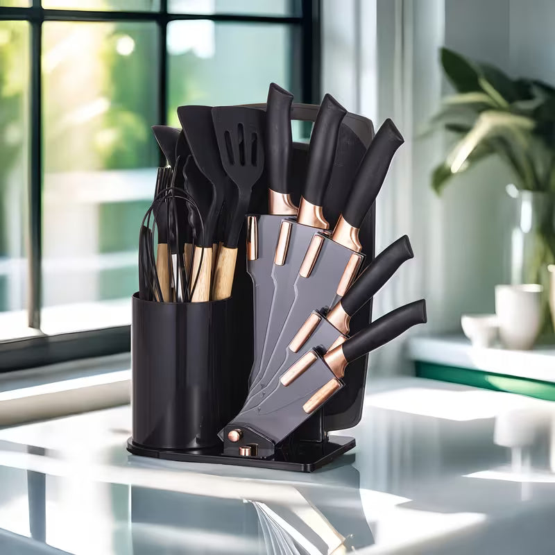 19-Piece Kitchen Knife &amp; Utensil Set – Black Non-Stick Knives with Wooden Handles, Silicone Cooking Tools, Cutting Board &amp; Holder