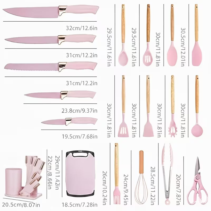 19-Piece Kitchen Knife &amp; Utensil Set – Black Non-Stick Knives with Wooden Handles, Silicone Cooking Tools, Cutting Board &amp; Holder