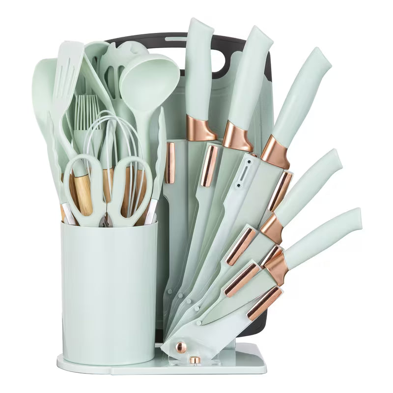 19-Piece Kitchen Knife &amp; Utensil Set – Black Non-Stick Knives with Wooden Handles, Silicone Cooking Tools, Cutting Board &amp; Holder
