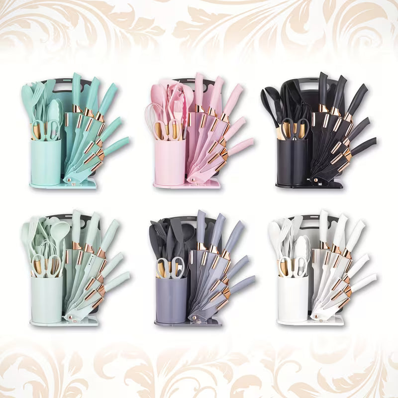19-Piece Kitchen Knife &amp; Utensil Set – Black Non-Stick Knives with Wooden Handles, Silicone Cooking Tools, Cutting Board &amp; Holder