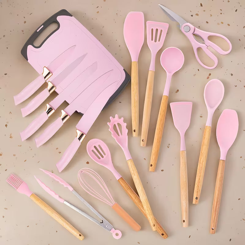 19-Piece Kitchen Knife &amp; Utensil Set – Black Non-Stick Knives with Wooden Handles, Silicone Cooking Tools, Cutting Board &amp; Holder