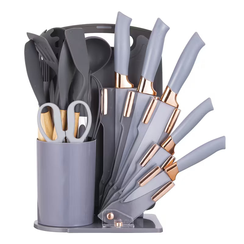 19-Piece Kitchen Knife &amp; Utensil Set – Black Non-Stick Knives with Wooden Handles, Silicone Cooking Tools, Cutting Board &amp; Holder