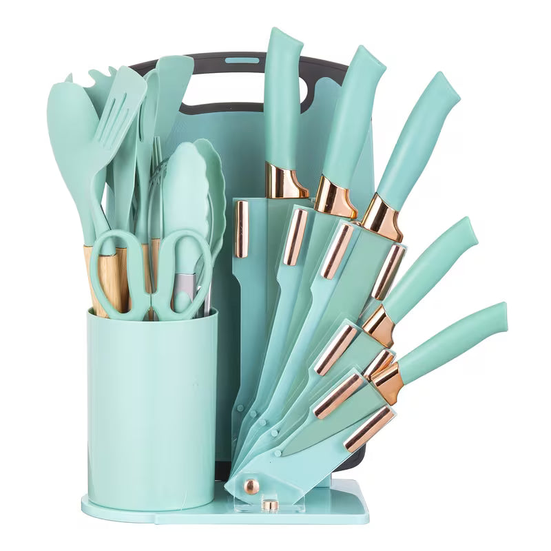 19-Piece Kitchen Knife &amp; Utensil Set – Black Non-Stick Knives with Wooden Handles, Silicone Cooking Tools, Cutting Board &amp; Holder